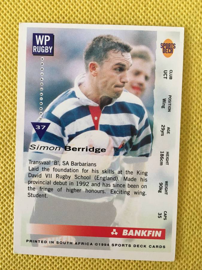 VINTAGE RUGBY TRADING CARD - 1994 - BANKFIN -  SIMON BERRIDGE