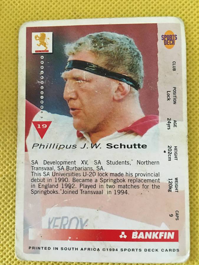 VINTAGE RUGBY TRADING CARD - 1994 - BANKFIN -  PHILLIP  SCHUTTE