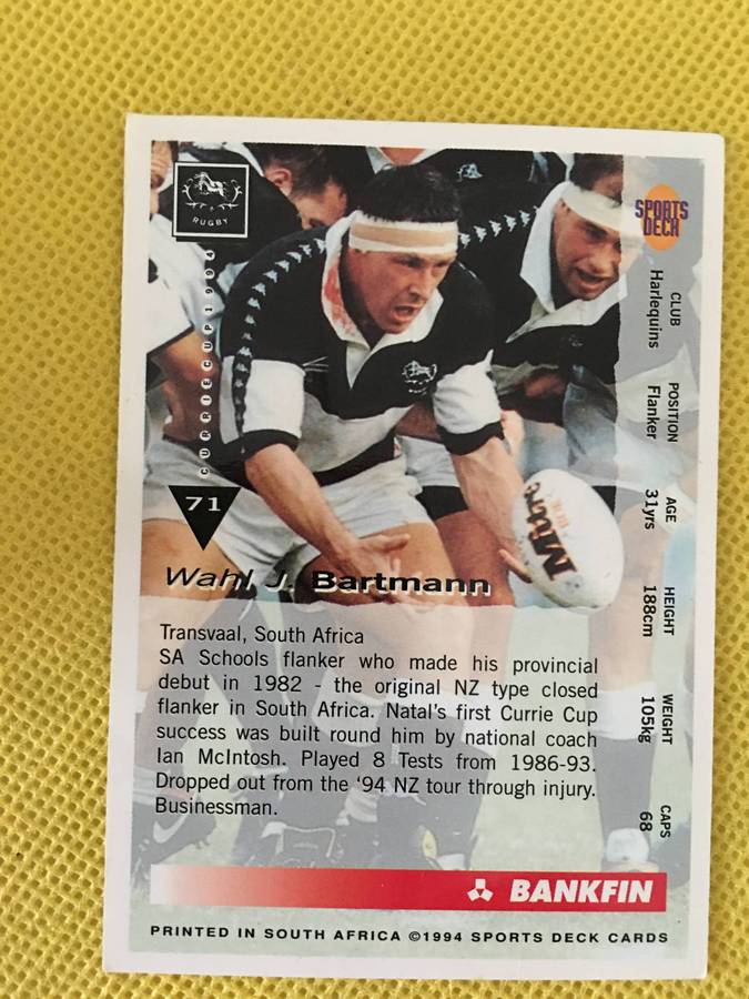 VINTAGE RUGBY TRADING  CARD - 1994 -BANKFIN CURRIE CUP - WAHL BARTMANN