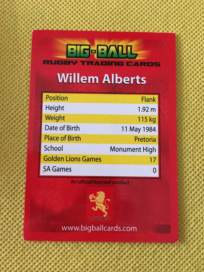 RUGBY TRADING CARD  - WILLEM ALBERTS
