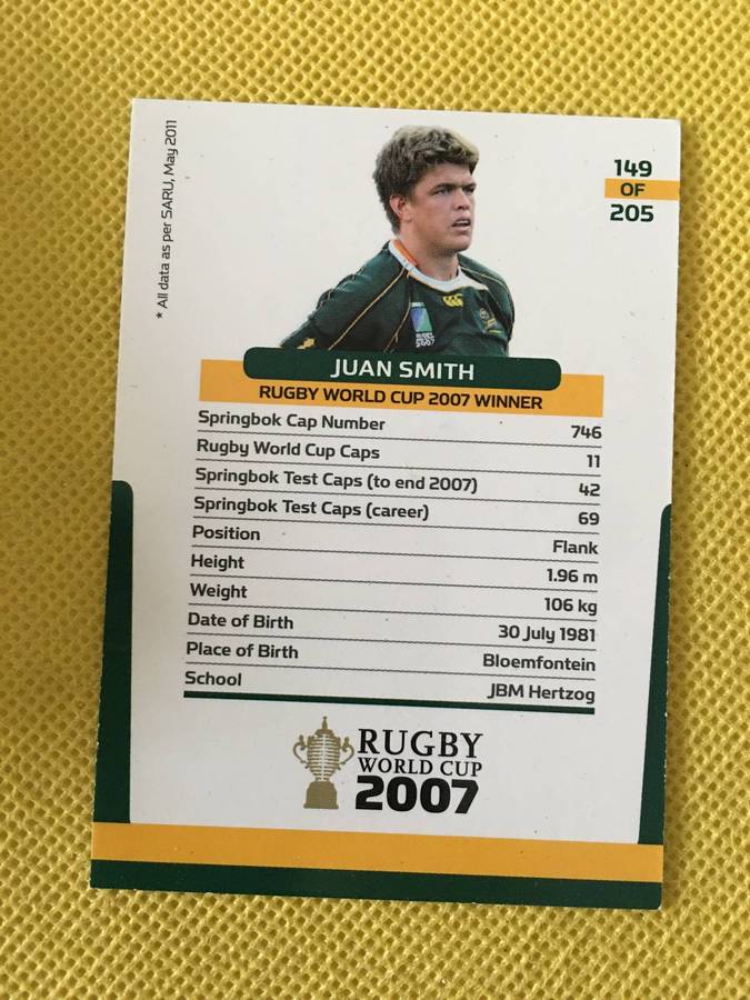 RUGBY TRADING CARD -SPRINGBOK - JUAN SMITH - 2007