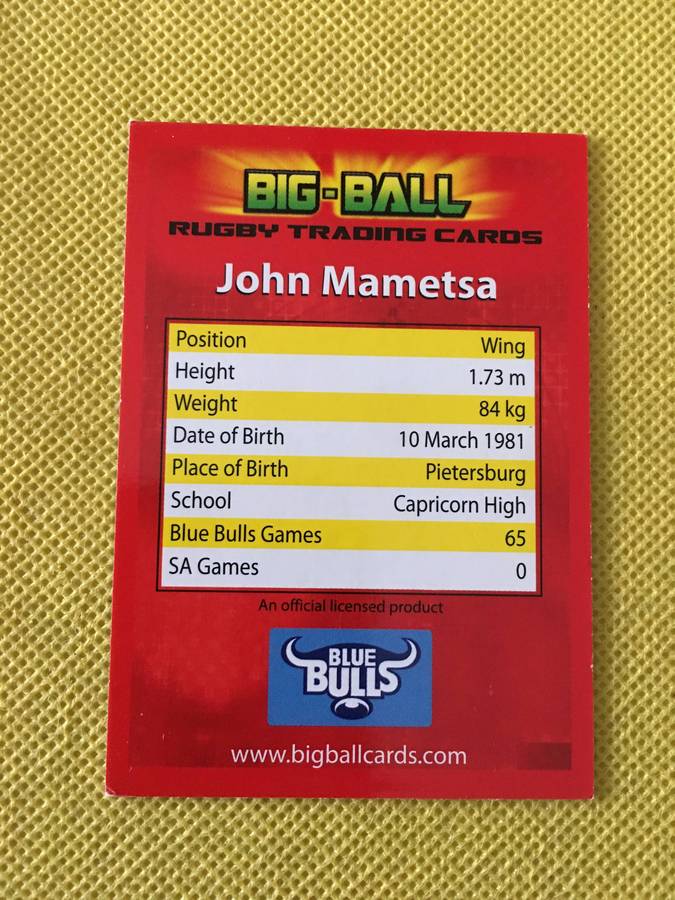 RUGBY TRADING CARD - JOHN MAMETSA