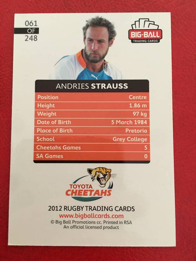 BIG BALL RUGBY TRADING CARD - ANDRIES STRAUSS