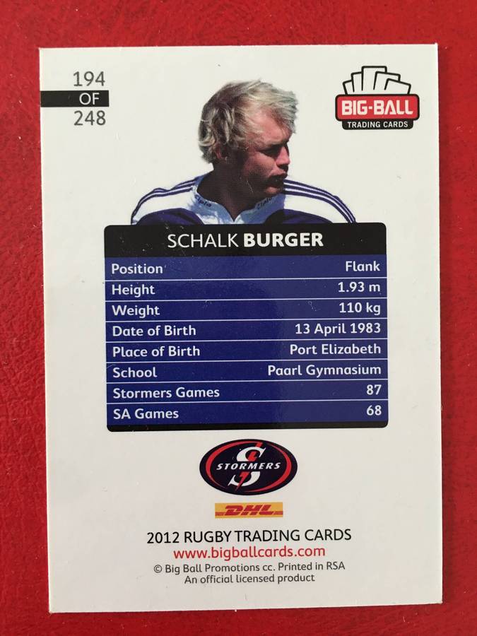 BIG BALL  RUGBY TRADING CARD 2012  - SCHALK BURGER