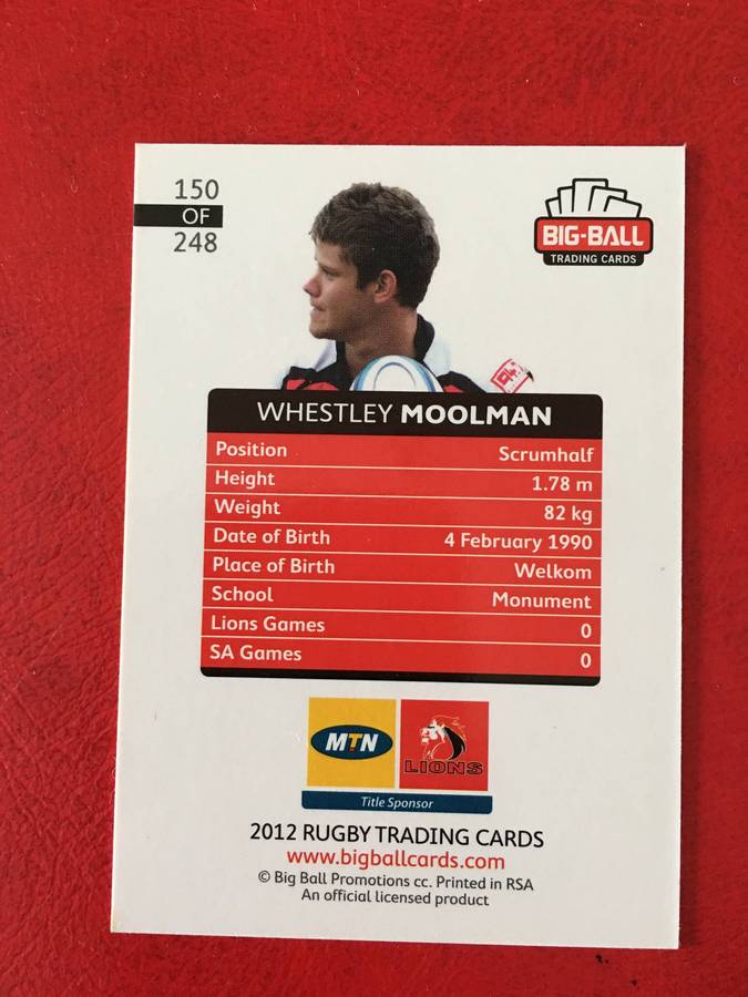 BIG BALL 2012 RUGBY TRADING CARD - WHESTLEY MOOLMAN