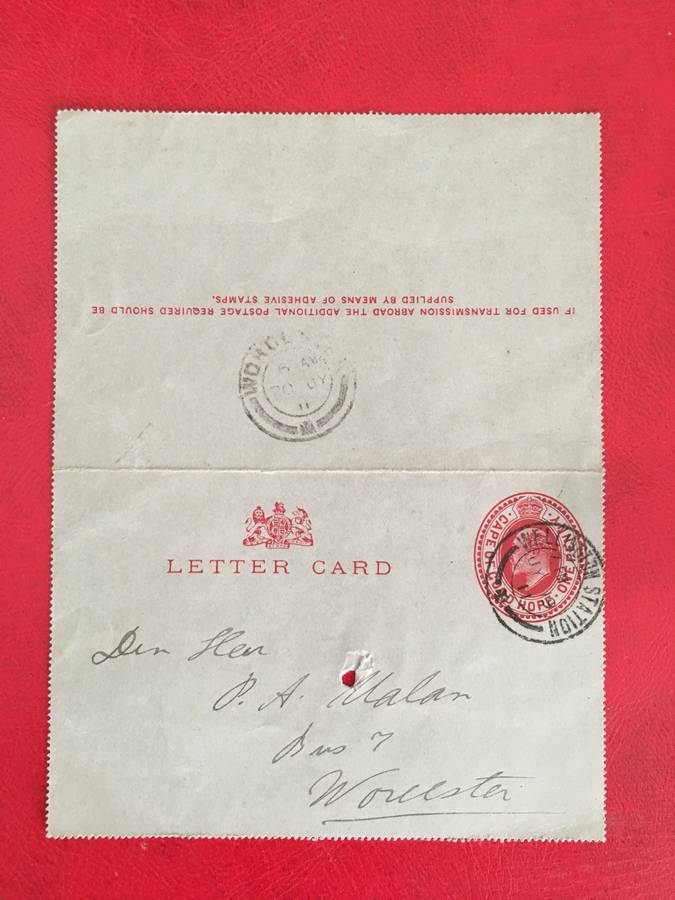 ANTIQUE LOVELY LETTER CARD  PIETER ANDRIES MALAN SON OF OUMA R E MALAN   SON - 1857  + TELEGRAMME