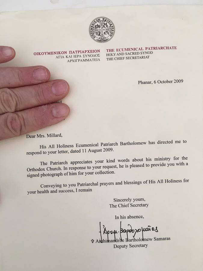 AUTOGRAPHED SIGNED / HIS ALL HOLINESS BARTHOLOMEW ECUMENICAL PATRIARCH ARCHBISHOP OF ROME