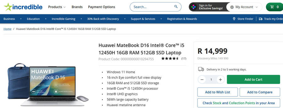 HUAWEI Matebook D16 | 12th gen i5, 16GB Ram, 512GB SSD, 16' Display | Backpack + Bluetooth mouse