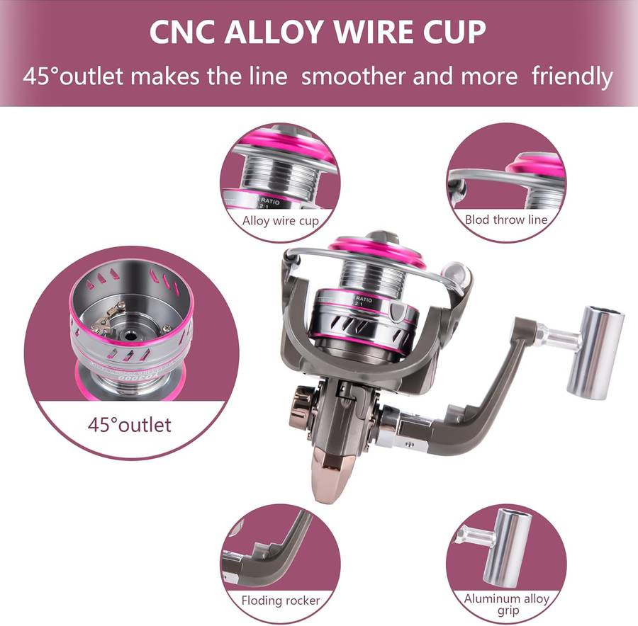 Pink Spinning 6000 Fishing Reel 5.2.1, Stainless Steel Ball Bearing, Dam or Sea, Aluminium Alloy