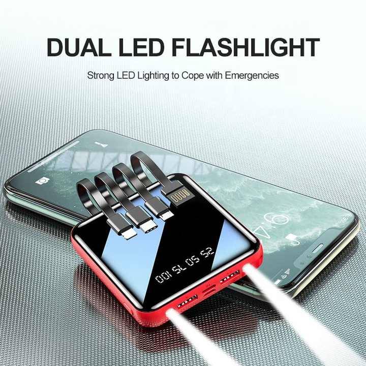 20 000mAh 4 In 1 Cable Power Bank, Portable, Mirror Face, Superfast Charging, Dual LED Flashlight