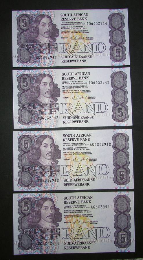 Republic of South African : CL Stals Five Rand Notes ( 4 In Sequence )