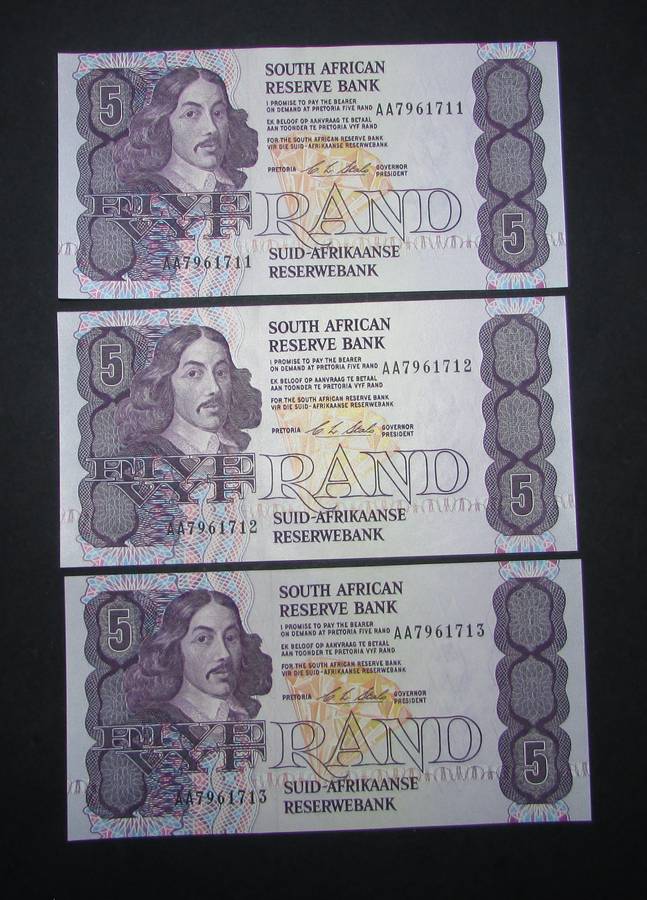 Republic of South African : CL Stals Five Rand Notes ( 3 by AA Notes In Sequence )