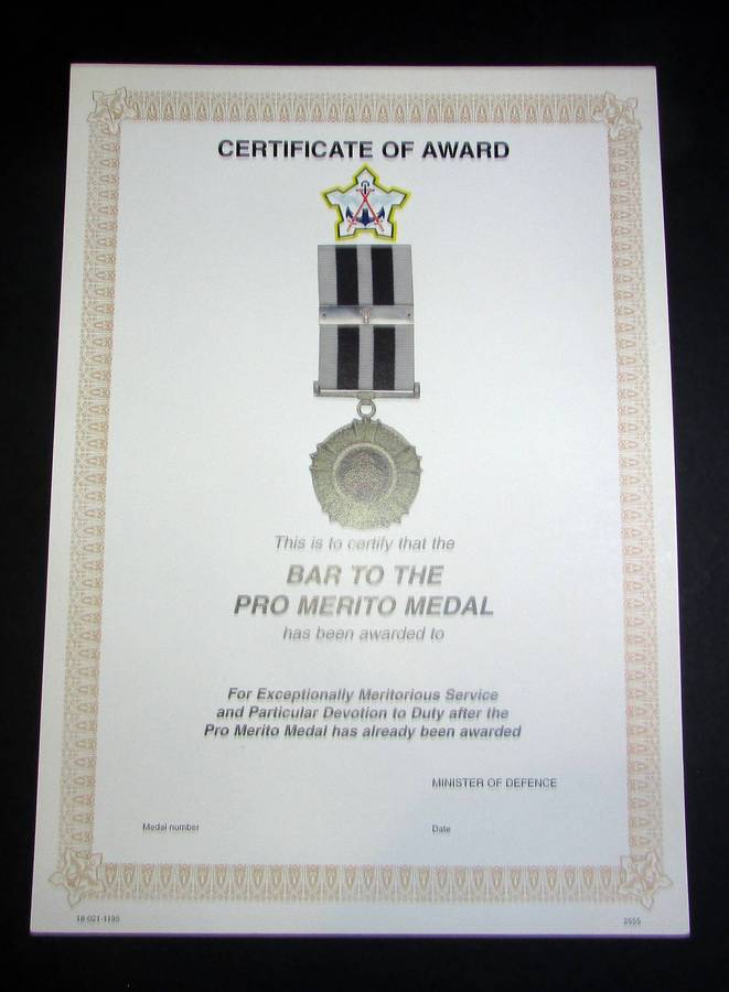 SADF - Pro Merito Medal Bar Certificate - English