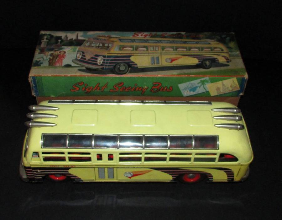 Vintage Japan I.Y. SightSeeing Toy Bus Tin Litho 17 Friction Sight Seeing with Original Box