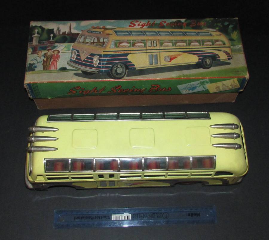 Vintage Japan I.Y. SightSeeing Toy Bus Tin Litho 17 Friction Sight Seeing with Original Box