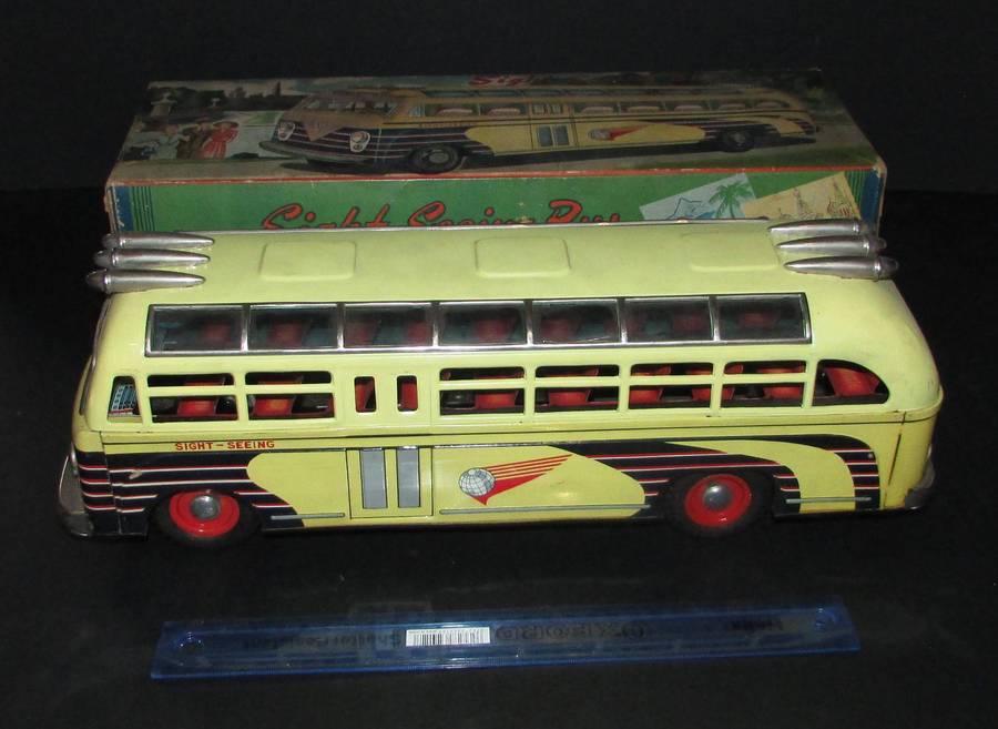 Vintage Japan I.Y. SightSeeing Toy Bus Tin Litho 17 Friction Sight Seeing with Original Box