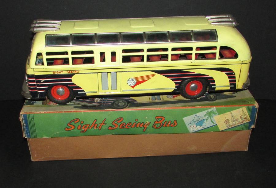 Vintage Japan I.Y. SightSeeing Toy Bus Tin Litho 17 Friction Sight Seeing with Original Box