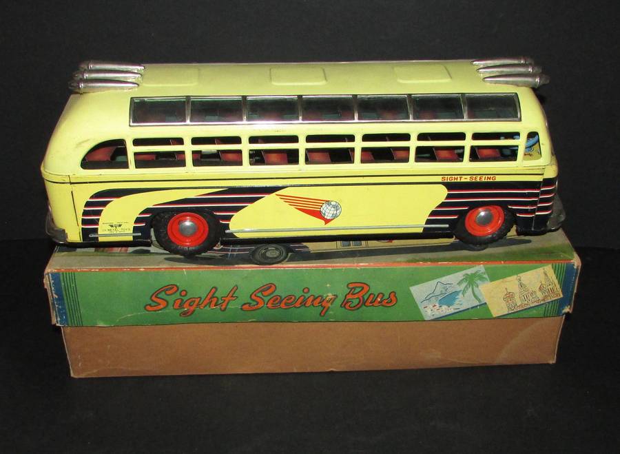 Vintage Japan I.Y. SightSeeing Toy Bus Tin Litho 17 Friction Sight Seeing with Original Box