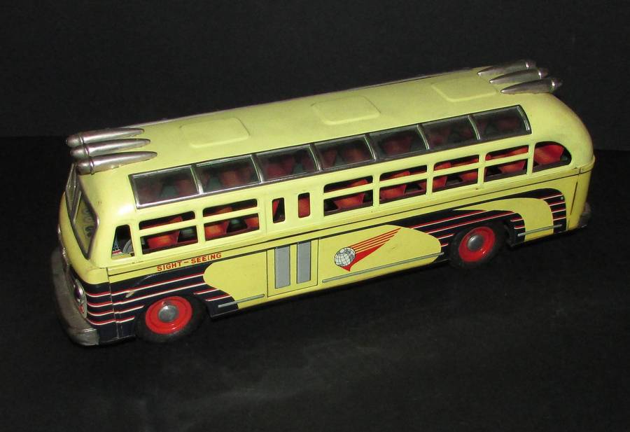 Vintage Japan I.Y. SightSeeing Toy Bus Tin Litho 17 Friction Sight Seeing with Original Box