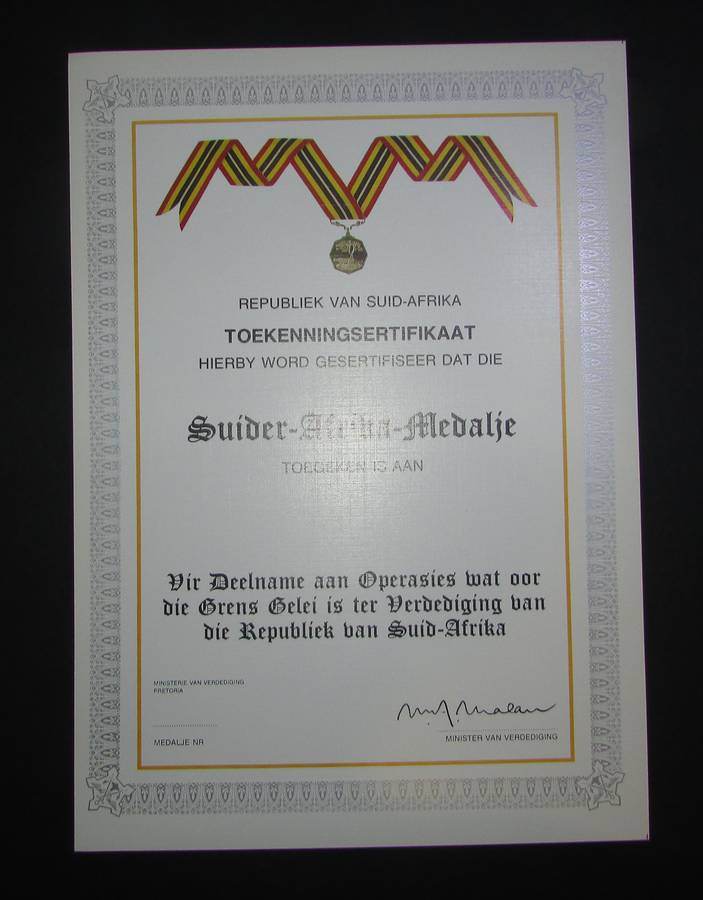 SADF - Southern Africa Service Medal Certificate - Afrikaans
