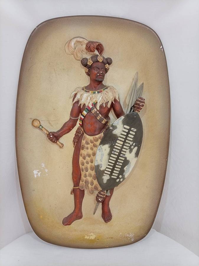Vintage Zulu Warrior hand painted chalkware plaque