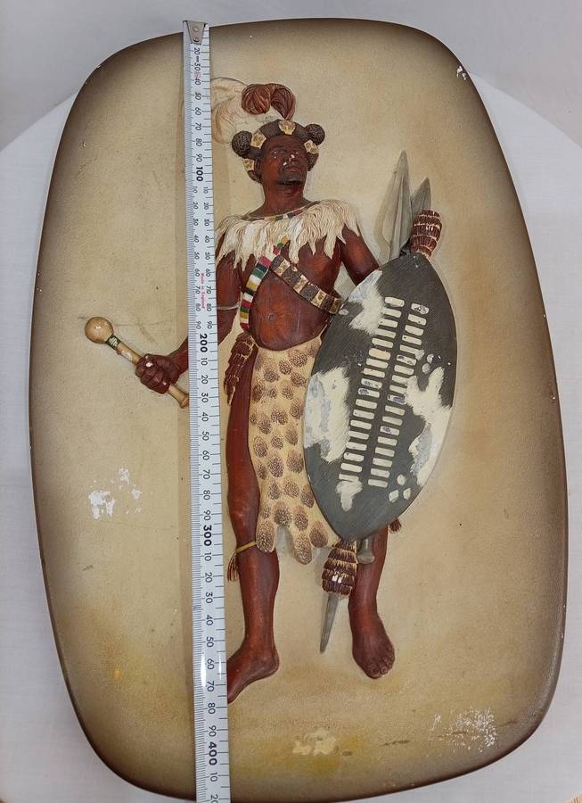 Vintage Zulu Warrior hand painted chalkware plaque