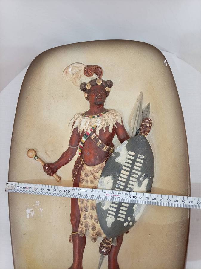 Vintage Zulu Warrior hand painted chalkware plaque