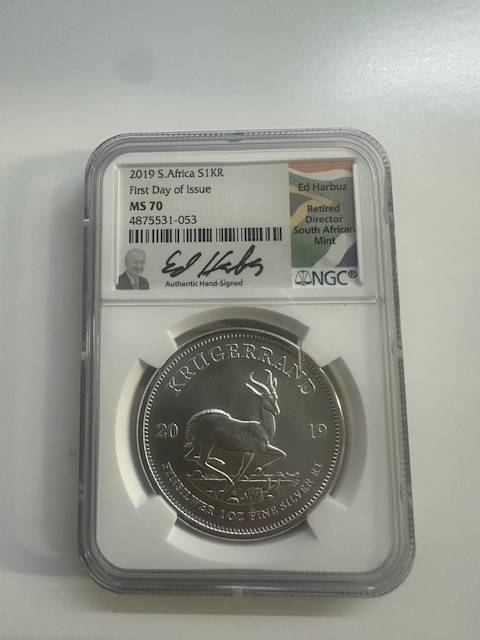 2019 SILVER KRUGERRAND 1oz NGC MS70 FIRST DAY OF ISSUE SIGNED ED HARBUZ
