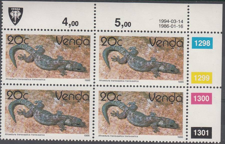 VENDA 1986: 2nd DEFINITIVE ISSUE: REPTILES 20c CONTROL BLOCK OF 4 (1994) MNH (SACC 132)