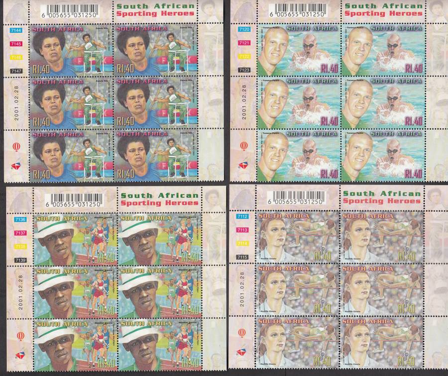 RSA 2001: S.A. SPORTING HEROS FULL SET CONTROL BLOCKS OF 6 MNH (SACC 1348-1357)