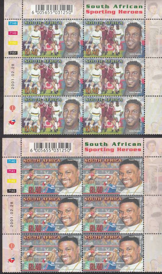 RSA 2001: S.A. SPORTING HEROS FULL SET CONTROL BLOCKS OF 6 MNH (SACC 1348-1357)