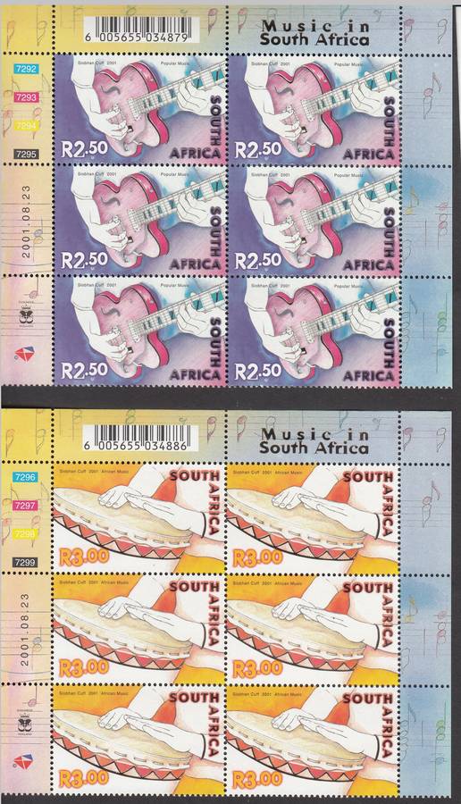 RSA 2001: CELEBRATION OF MUSIC IN SA CONTROL BLOCKS OF 6 FULL SET OF 5 MNH (SACC1434-1438)