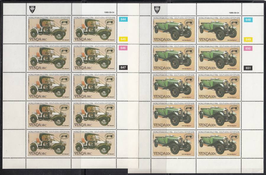 VENDA 1986: INT. VETERAN CAR RALLY FULL SET OF SHEETS OF 10 MNH (SACC 147-150)