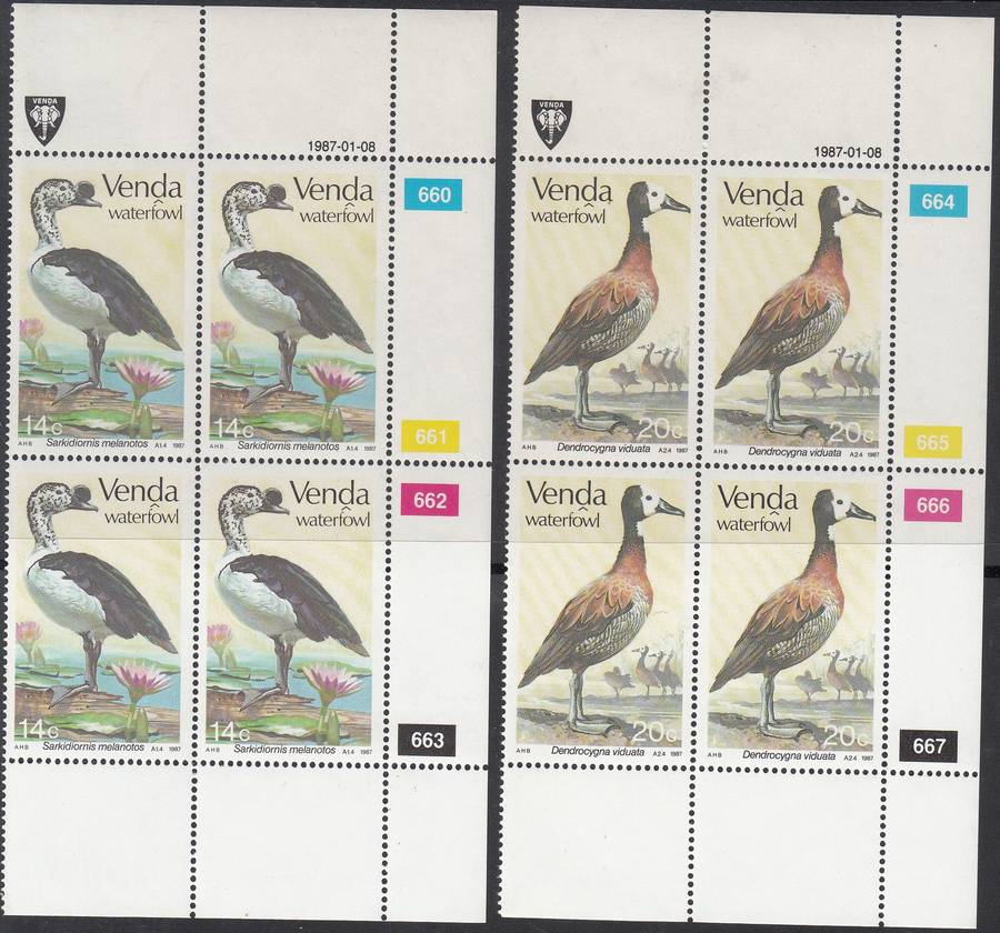 VENDA 1987: WATERFOWL FULL SET CONTROL BLOCKS OF 4 MNH (SACC 151-154)
