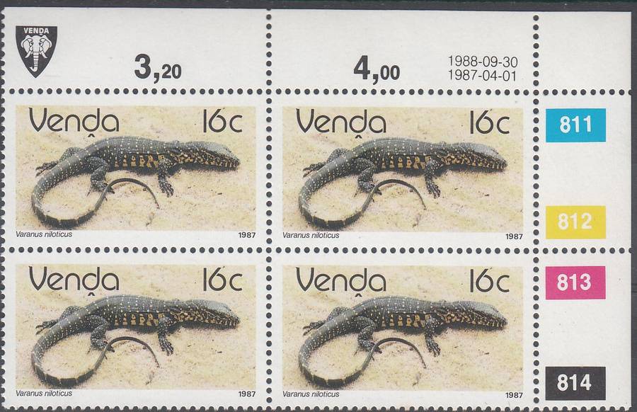 VENDA 1987: REPTILES 16c CONTROL BLOCK OF 4 (30-9-1988) MNH (SACC 155)
