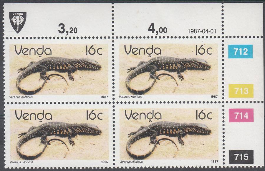 VENDA 1987: REPTILES 16c CONTROL BLOCK OF 4 (1-4-1987) MNH (SACC 155)