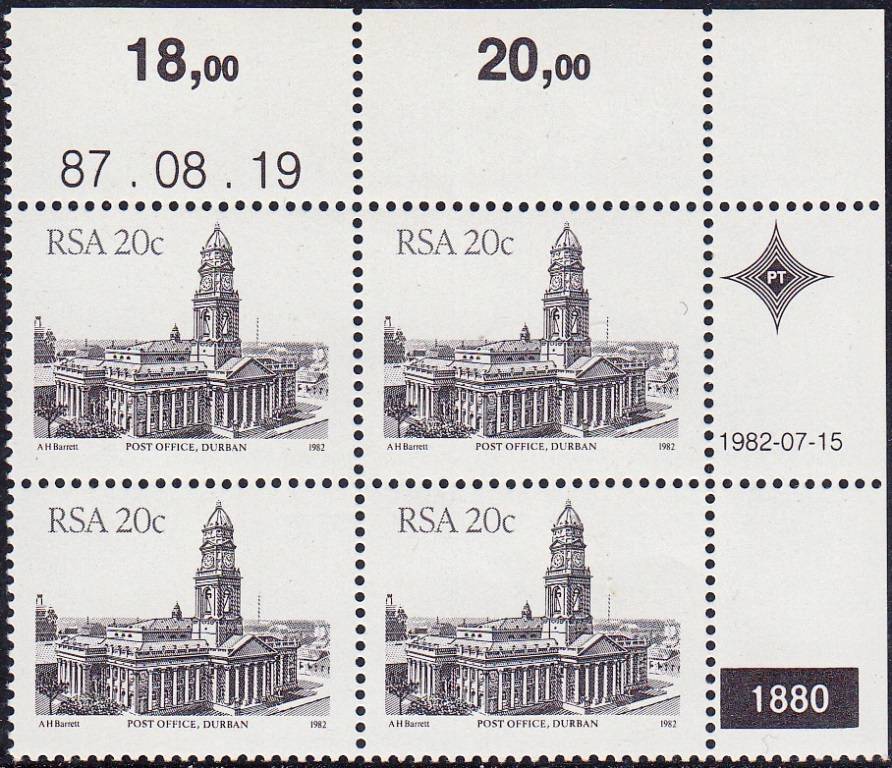 RSA 1987 4th DEFINITIVE ISSUE 20c CONTROL BLOCK OF 4 PLATE NO 1880 MNH (SACC 526b)