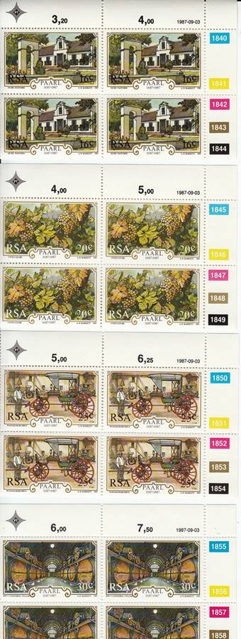 RSA 1987: 300th ANNIVERSARY OF PAARL FULL SET CONTROL BLOCKS OF 4 MNH (SACC 629-632)