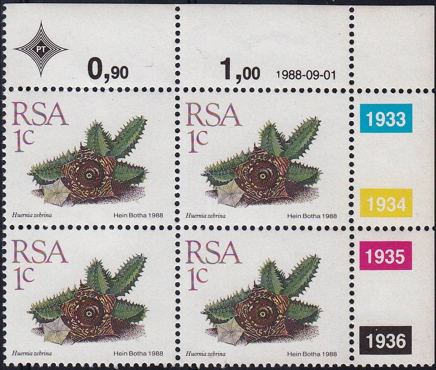 RSA 1988: 5th DEFINITIVE ISSUE SUCCULENTS 1c CONTROL BLOCK (1.9.1988) MNH (SACC 668)