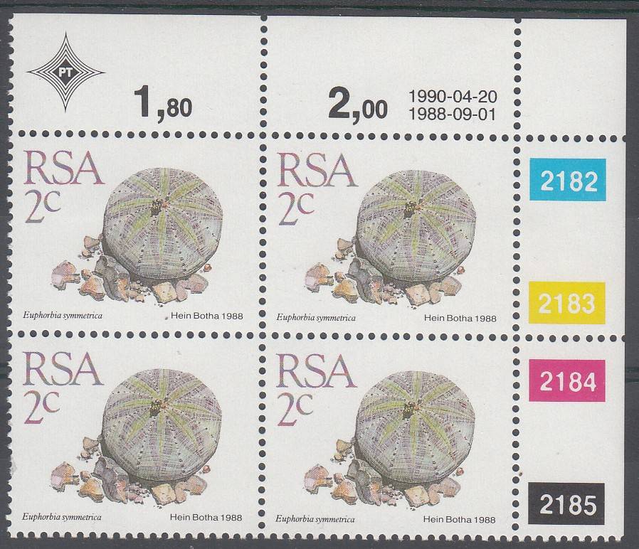 RSA 1990: 5th DEFINITIVE ISSUE 2c CONTROL BLOCK OF 4 (20-4-1990) MNH (SACC 669)