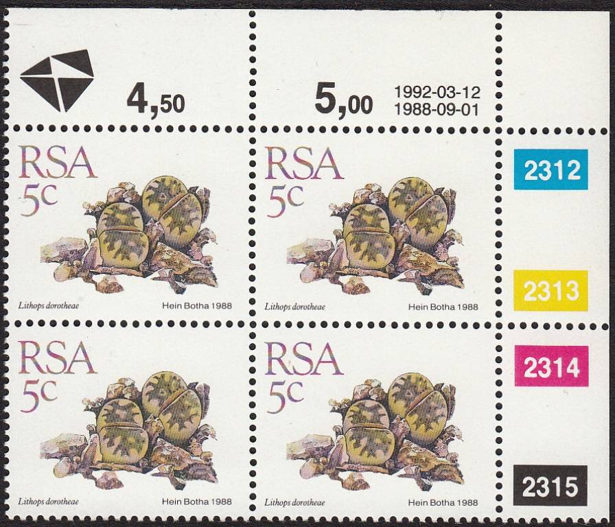 RSA 1992: 5th DEFINITIVE ISSUE SUCCULENTS 5C CONTROL BLOCK (12-3-1992) MNH (SACC 670)