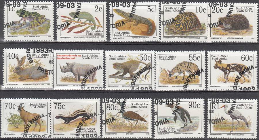 RSA 1993: 6th DEF ISSUE TREATENED FAUNA FULL SET CTO (SACC 825-842) - LATIN INSCRIPTIONS