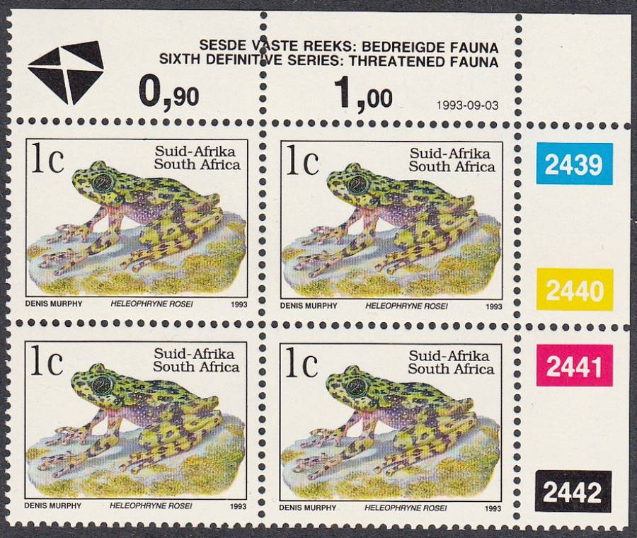 RSA 1993: 6th DEF ISSUE TREATENED FAUNA FULL SET CONTROL BLOCKS MNH (SACC 996) - LATIN INSCRIPTIONS