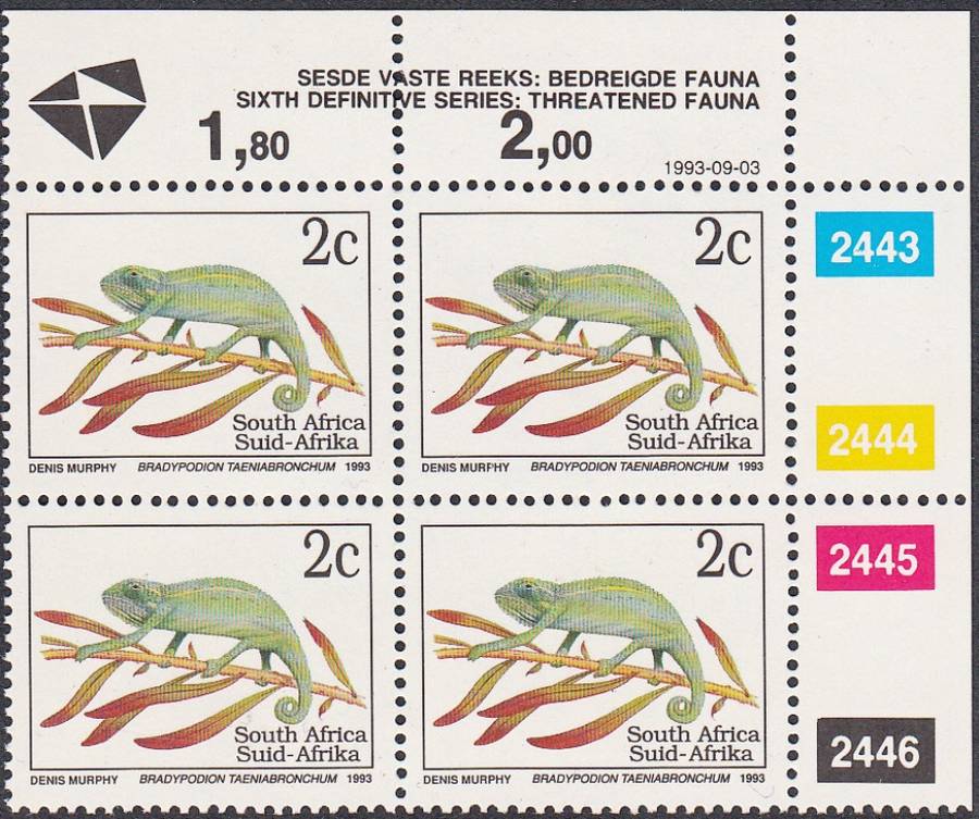 RSA 1993: 6th DEF ISSUE TREATENED FAUNA FULL SET CONTROL BLOCKS MNH (SACC 996) - LATIN INSCRIPTIONS