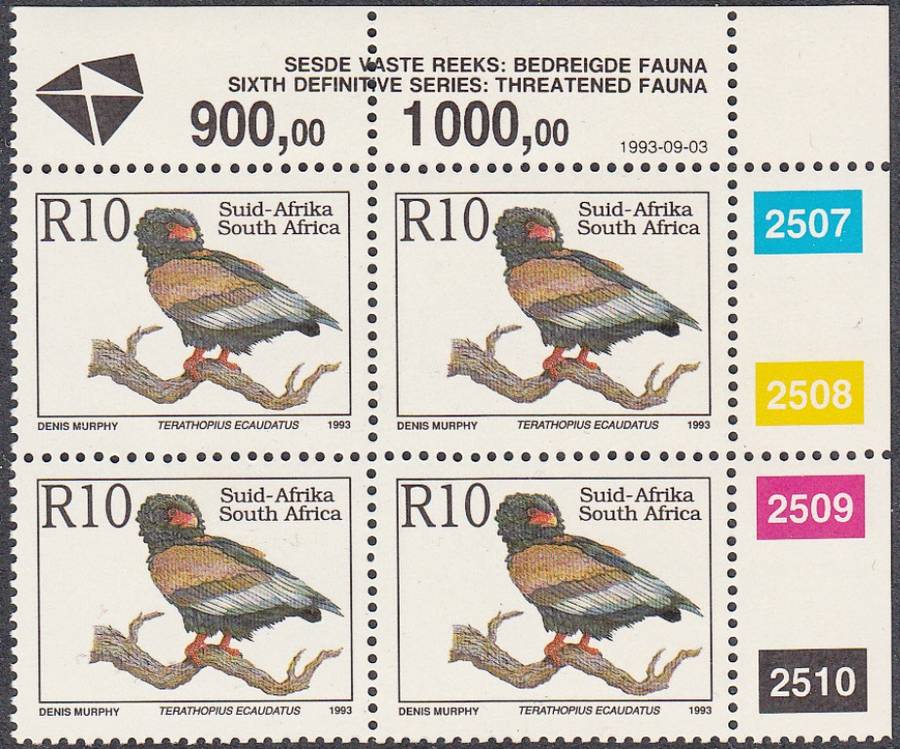 RSA 1993: 6th DEF ISSUE TREATENED FAUNA FULL SET CONTROL BLOCKS MNH (SACC 996) - LATIN INSCRIPTIONS