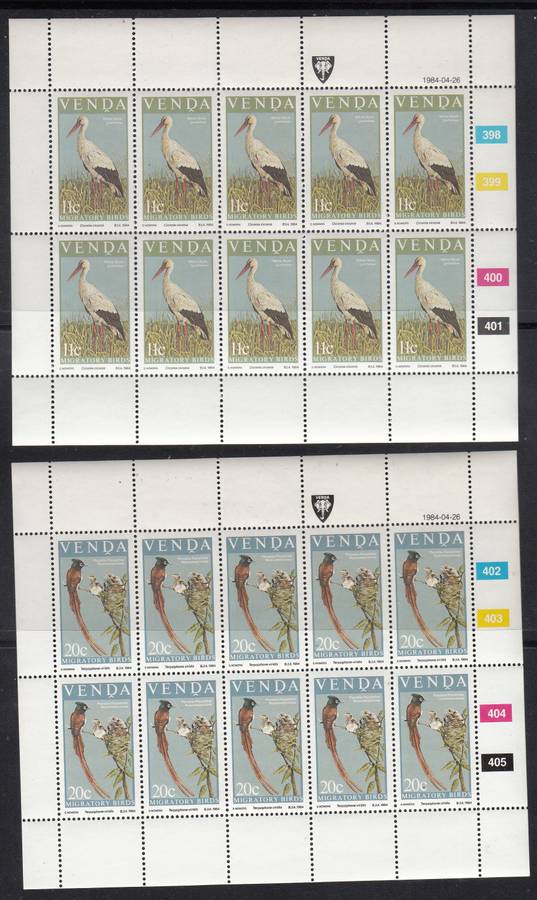 VENDA 1984: MIGRATORY BIRDS FULL SET OF SHEETS OF 10 MNH (SACC 92-95)