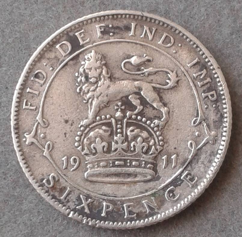 1911 British sterling silver sixpence