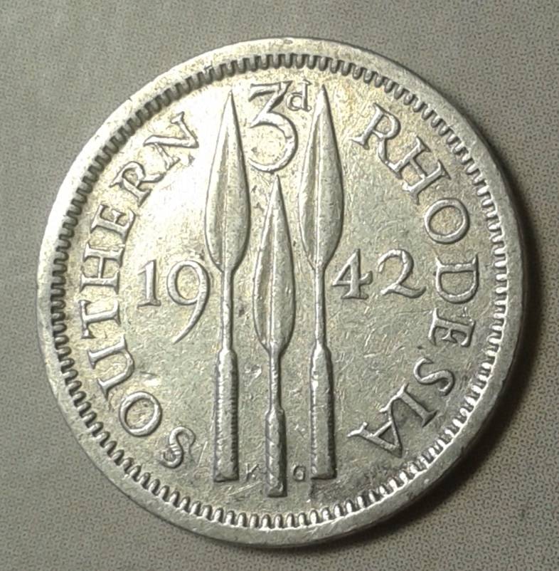 1942 Southern Rhodesia sterling silver threepence.