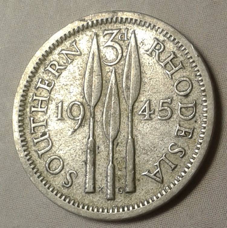 1945 Southern Rhodesia sterling silver threepence.