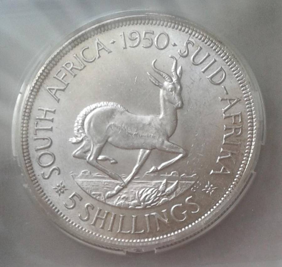 Lower mintage 1950 Union silver 5 Shillings SANGS MS62 with reverse die crack